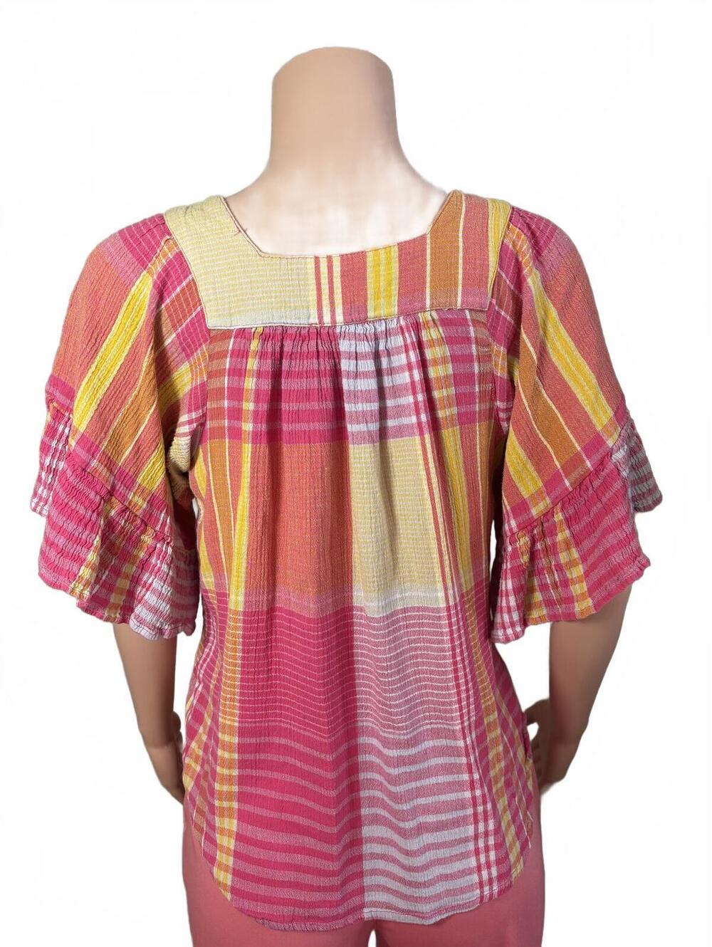BeachLunchLounge S/P Boho Cottage core Coastal Plaid Top. - Picture 4 of 8
